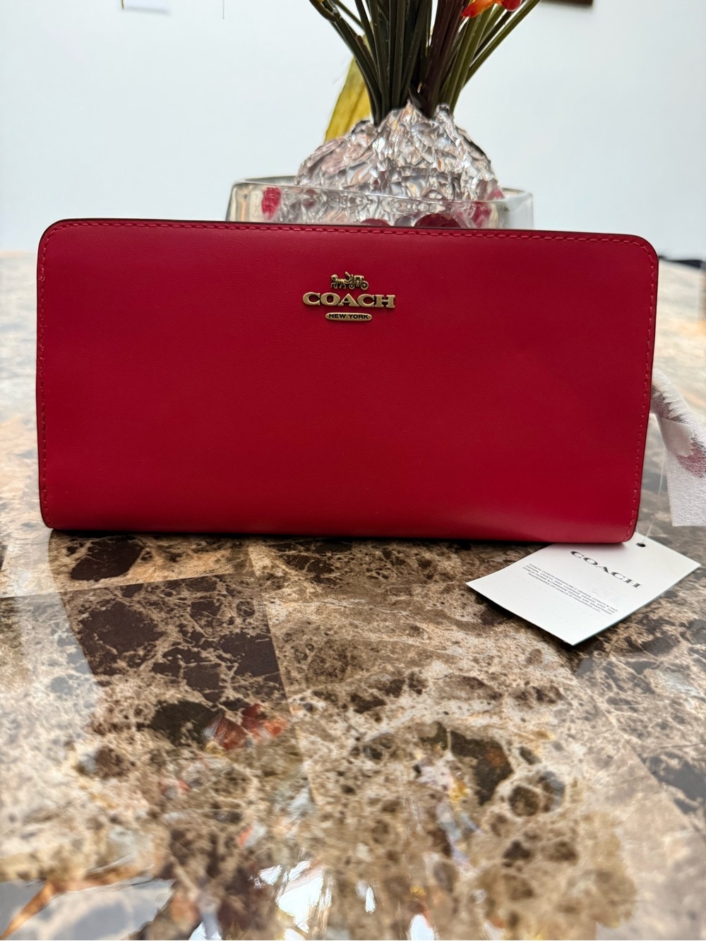 Coach Red Leather Zip Wallet with Gold Logo Accent